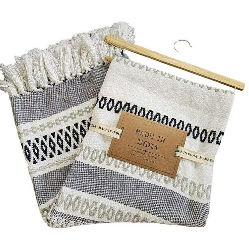 Bohemian Style Cotton Throw Blanket With Texture Decorative Blue 50x60in‎ India